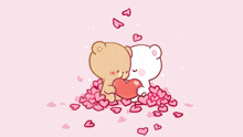 a couple of teddy bears kissing while holding a heart in a pile of hearts