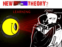 a cartoon of a man kissing another man with the words " new theory " on top