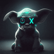 a dog wearing futuristic glasses with the letter x on its face