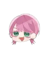 a girl with pink hair and green eyes is making a funny face