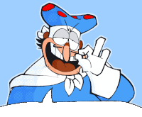 a cartoon character with a blue hat and white gloves is giving the middle finger