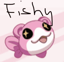 a drawing of a pink fish with the word fishy written above it