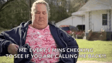 a very fat woman is sitting in front of a house and talking to someone .