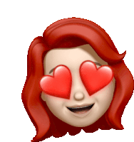 a woman with red hair has heart shaped eyes and is smiling