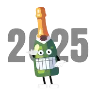 a cartoon drawing of a bottle of champagne with arms and legs and the number 2016 behind it