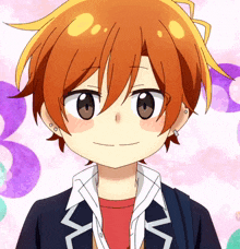a close up of a boy with red hair and a blue jacket