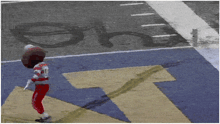 a person in a mascot costume is standing in front of a football field