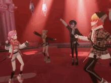 a group of anime characters are dancing on a stage in a room .