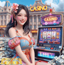 a woman is sitting in front of a slot machine that says casino on it