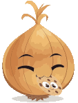 a cartoon onion with a cookie in its mouth and eyes .