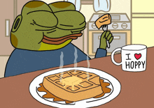 a cartoon of a frog eating a waffle next to a mug that says i love hoppy