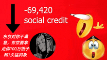 a red background with an arrow pointing down and social credit -69,420