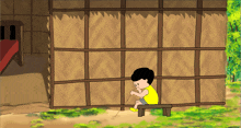 a cartoon of a boy sitting on a bench in front of a thatched building