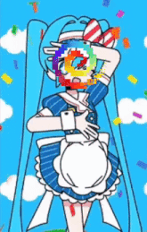 a cartoon drawing of a girl with a rainbow in her face