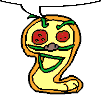 a pixel art drawing of a worm with tomatoes on its eyes