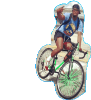 a man wearing a blue shirt that says ' simpson ' on it is riding a green bicycle