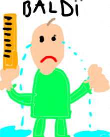 a cartoon of a bald man holding a ruler with the word baldi above him