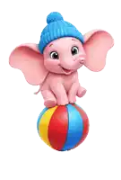 a pink elephant wearing a blue hat stands on a colorful ball