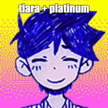 a cartoon of a boy with blue hair and the words `` tiara + platinum '' written above him .