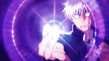 a person with white hair and blue eyes is holding a light in their hand