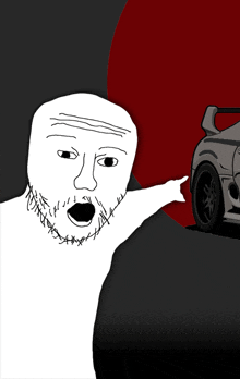 a drawing of a man with a beard pointing to a car