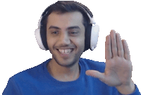 a man wearing headphones and a blue shirt is waving