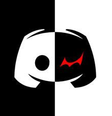 a black and white discord icon with a red eye