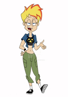 a cartoon character is wearing a crop top and green pants .