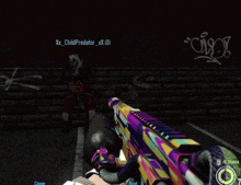 a screenshot of a video game shows a clown behind a purple gun