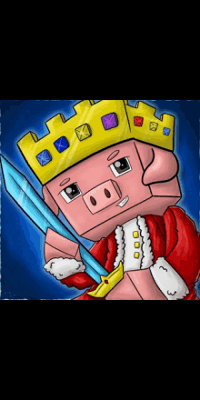 a drawing of a pig wearing a crown holding a sword