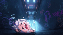 a cartoon character is laying on the ground in a dark room with graffiti on the walls