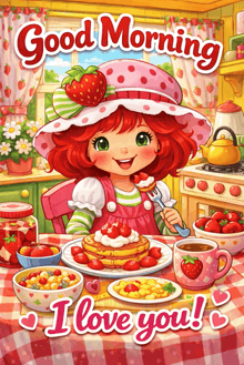 an illustration of strawberry shortcake says good morning