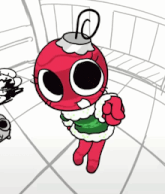 a drawing of a red christmas ornament with a green sweater on