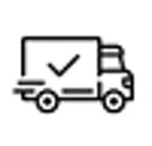 a black and white icon of a truck with a check mark on the back .