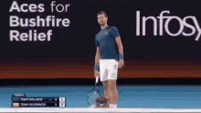 a man holding a tennis racquet on a tennis court in front of a sign that says aces for bushfire relief .