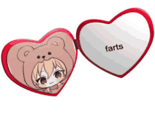 a heart shaped mirror with a girl in a teddy bear costume and the word farts