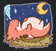 a cartoon of a dinosaur laying in the grass with a crescent moon in the background