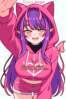 a girl with purple hair and horns is wearing a pink hoodie that says good girl