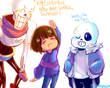 a drawing of papyrus and sans talking to a little girl who is taller than them