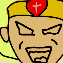 a cartoon drawing of a man with a red cross on his head