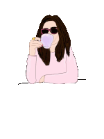 a drawing of a woman wearing sunglasses drinking a cup of coffee