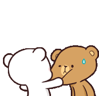 a white teddy bear is hugging a brown teddy bear with a sad look on his face .