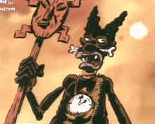 a cartoon character is wearing a mask and holding a stick and a clock .