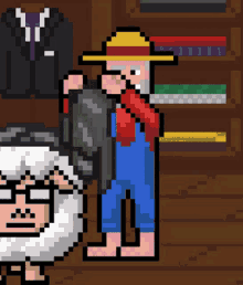 a pixel art drawing of a man in a suit and hat