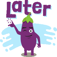 a cartoon illustration of a purple eggplant with the word later above it