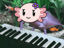 a cartoon of an axolotl standing next to a keyboard