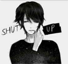 a black and white drawing of a boy with a sign that says shut up .