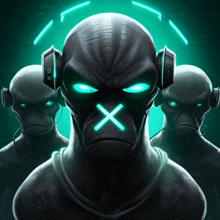 a group of aliens wearing headphones and a mask with an x on their mouth