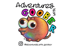 a logo for adventures with goober shows a colorful cartoon character