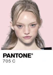 a woman 's face is on a pink background with pantone 705 c on the bottom